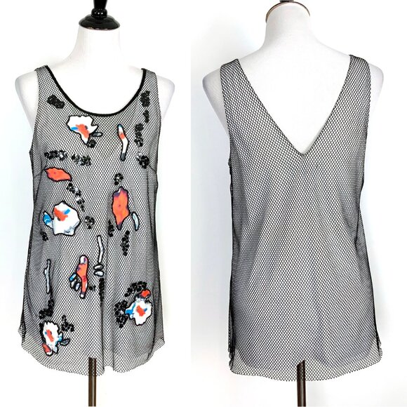 Sachin + Babi Black Mesh Sleeveless Top Abstract Patches & Sequins Medium - Picture 2 of 16